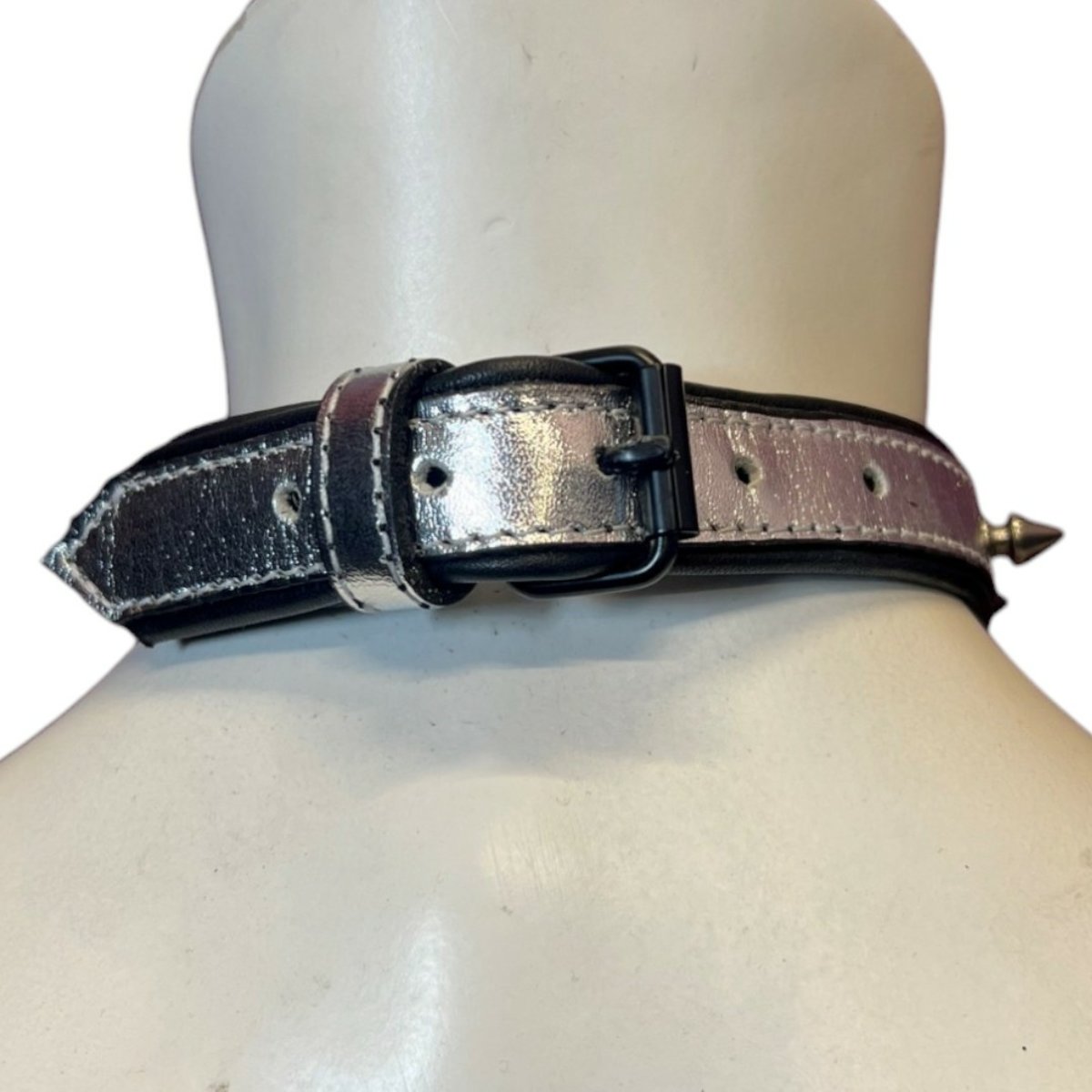 Metallic Leather Slim Spike Collar Padded & Leather Lined