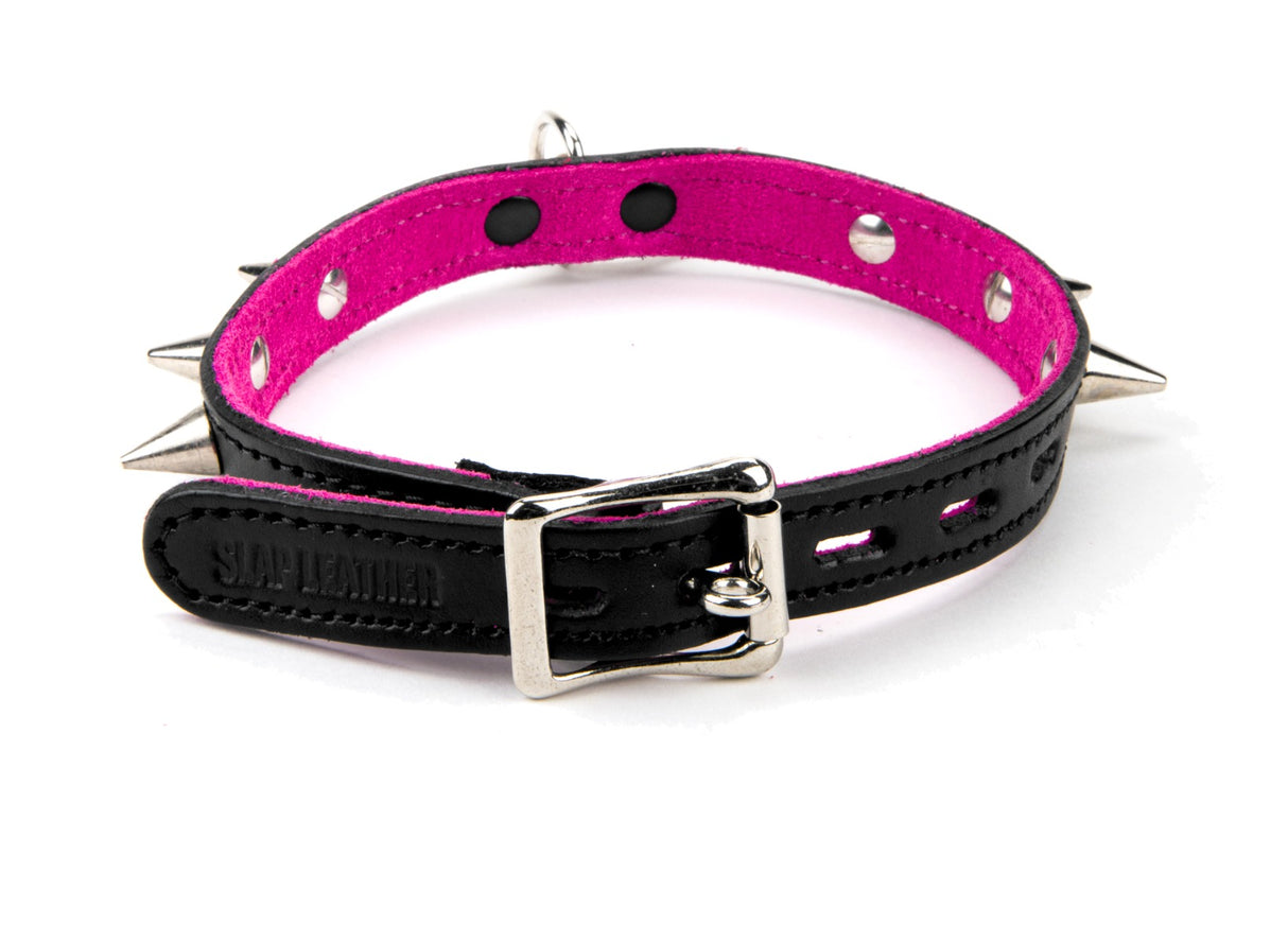 17mm Med Collar W/ Spikes & Ring- Suede Lined BLK/PNK