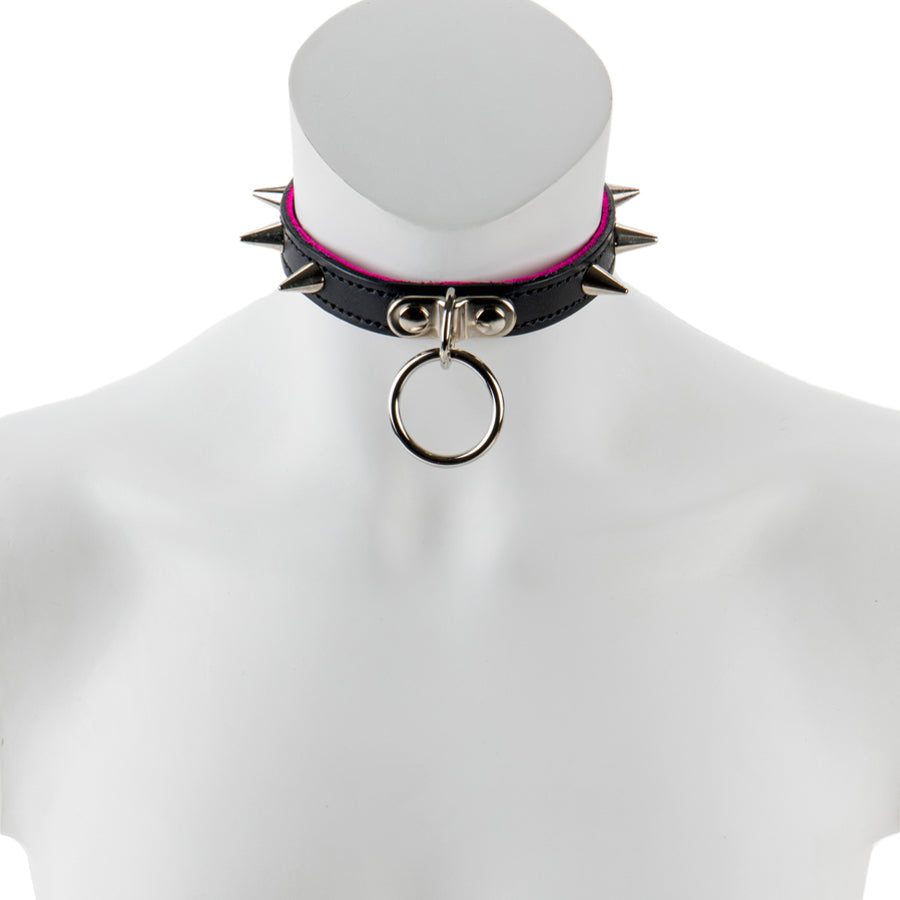 17mm Sml Collar w/ Spikes & Ring Suede Lined BLK/PNK