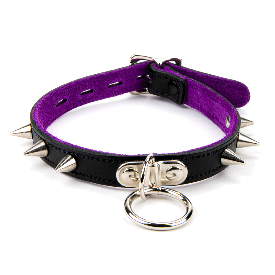 17mm Med Collar W/ Spikes & Ring- Suede Lined BLK/PUR