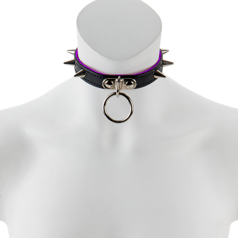 17mm Med Collar W/ Spikes & Ring- Suede Lined BLK/PUR
