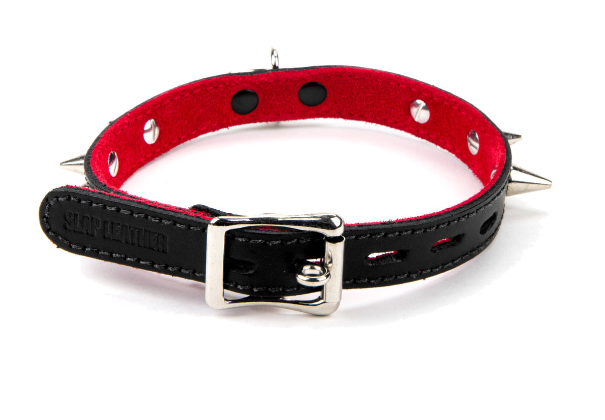 17mm Sml Collar w/ Spikes & Ring Suede Lined BLK/RED