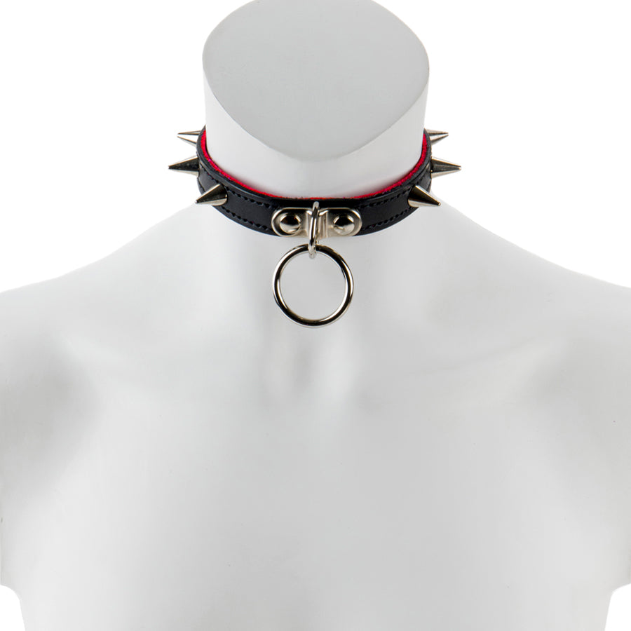 17mm Med Collar W/ Spikes & Ring- Suede Lined BLK/RED