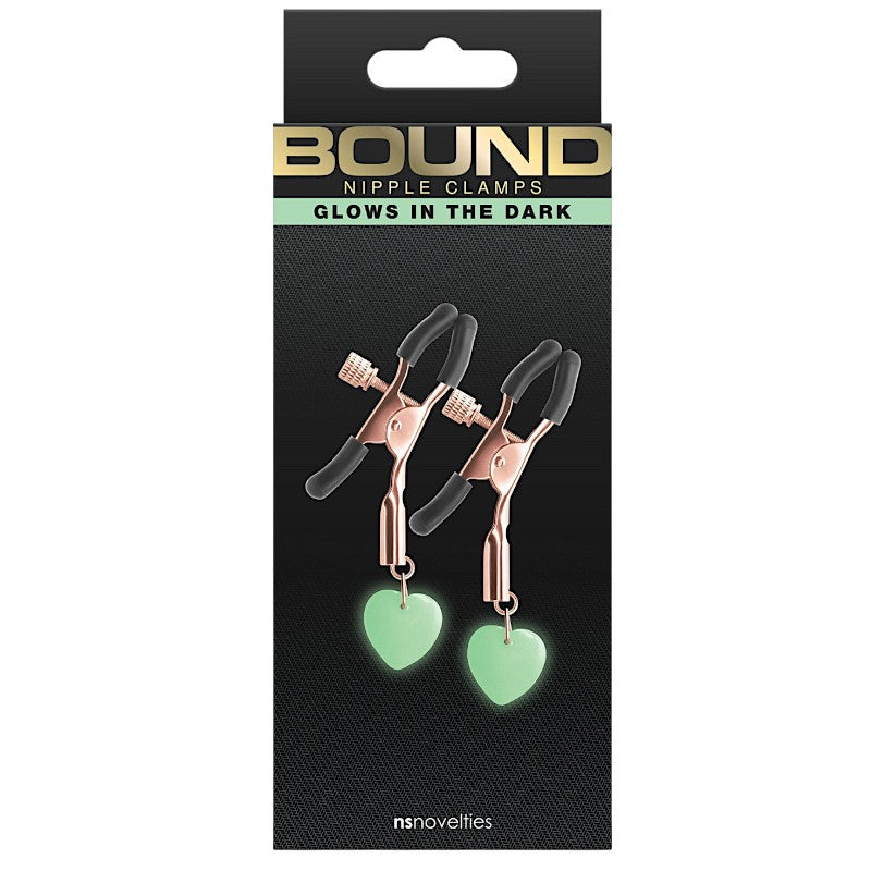 Bound Glow-In-The -Dark Heart Nipple Clamps Gold
