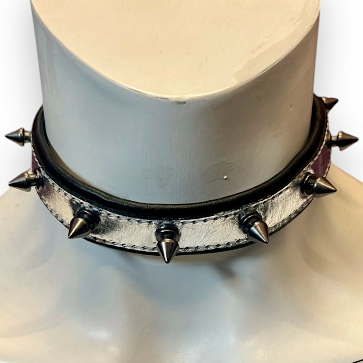Metallic Leather Slim Spike Collar Padded & Leather Lined