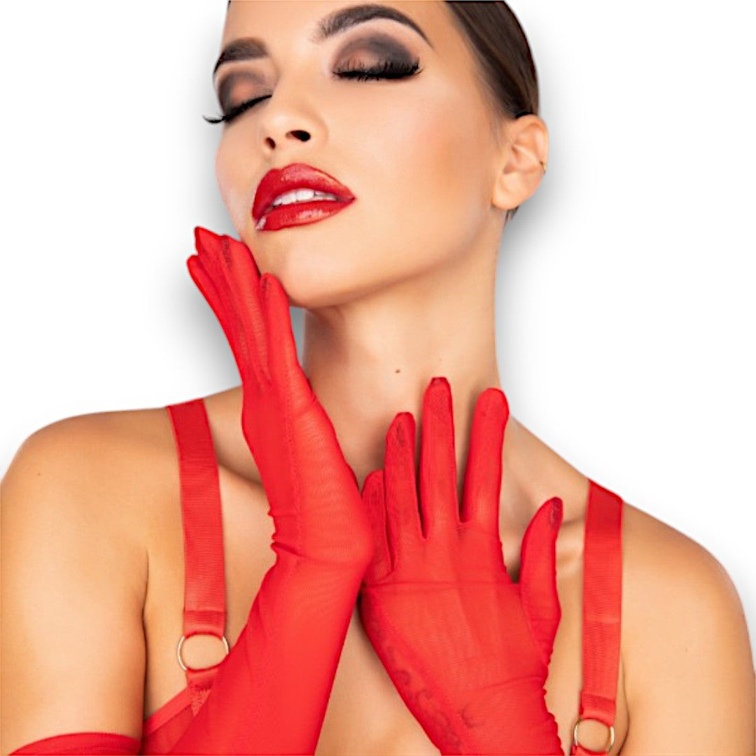 Kinky Diva Sheer Seductive Long Gloves Red- One Size