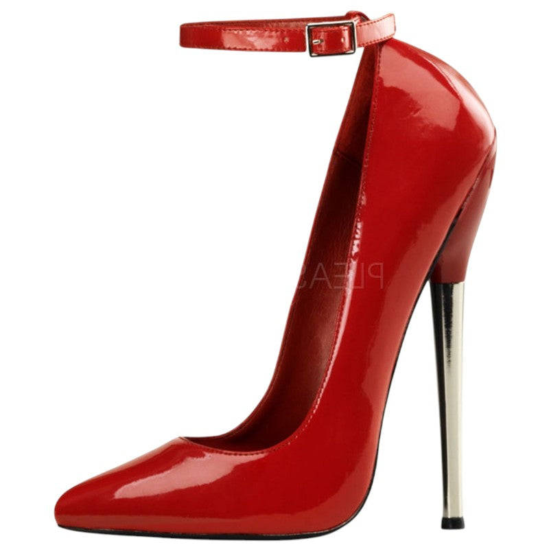 Pleaser Dagger-12 Court Shoes Solid Brass Heel Ankle Strap Red