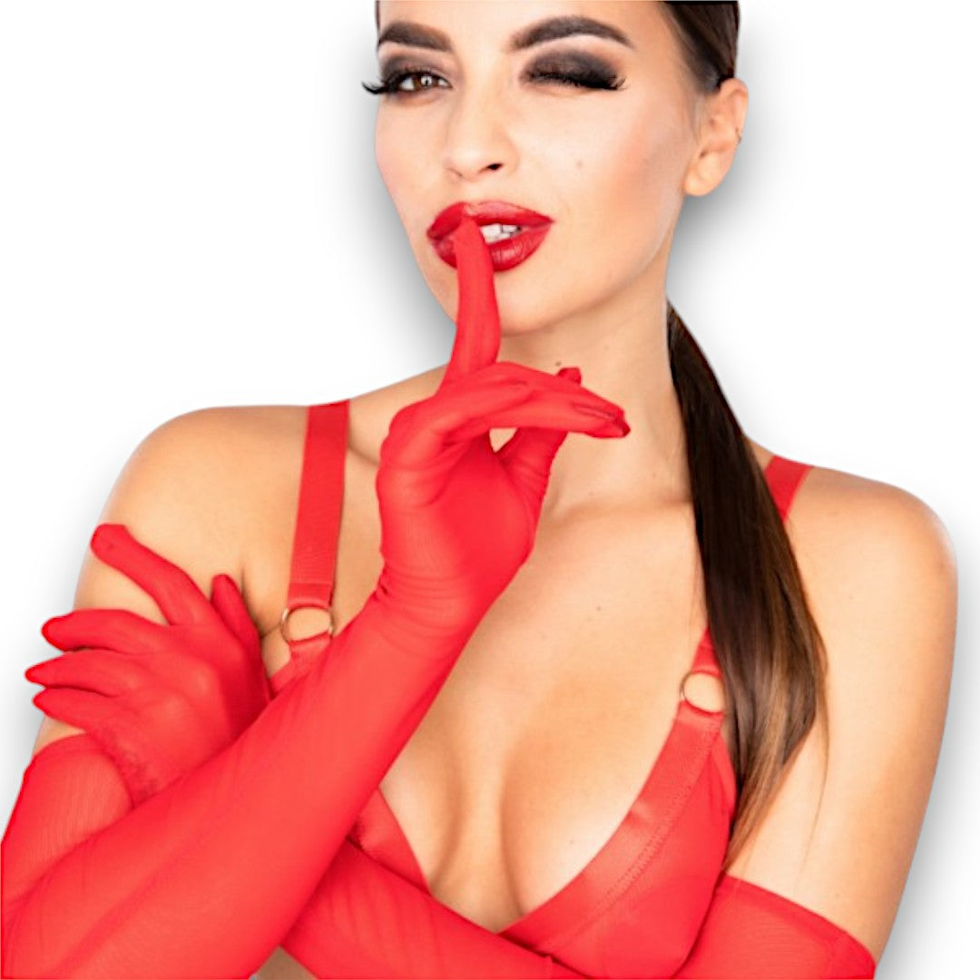 Kinky Diva Sheer Seductive Long Gloves Red- One Size