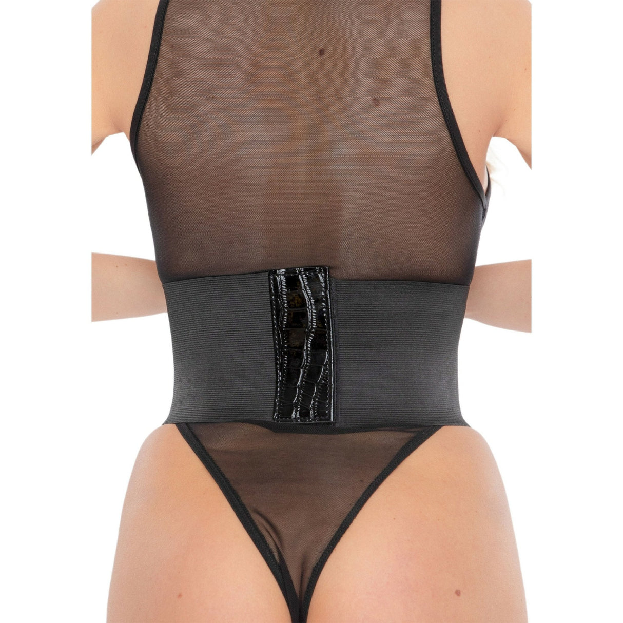 Kinky Diva Croc Front Waist Cincher-Patent Black Croc