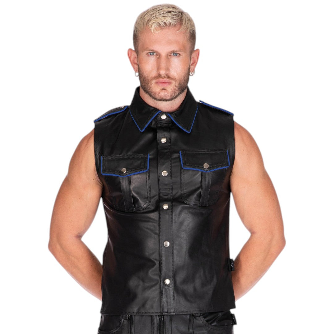 Sleeveless Leather Military Shirt Black/Blue