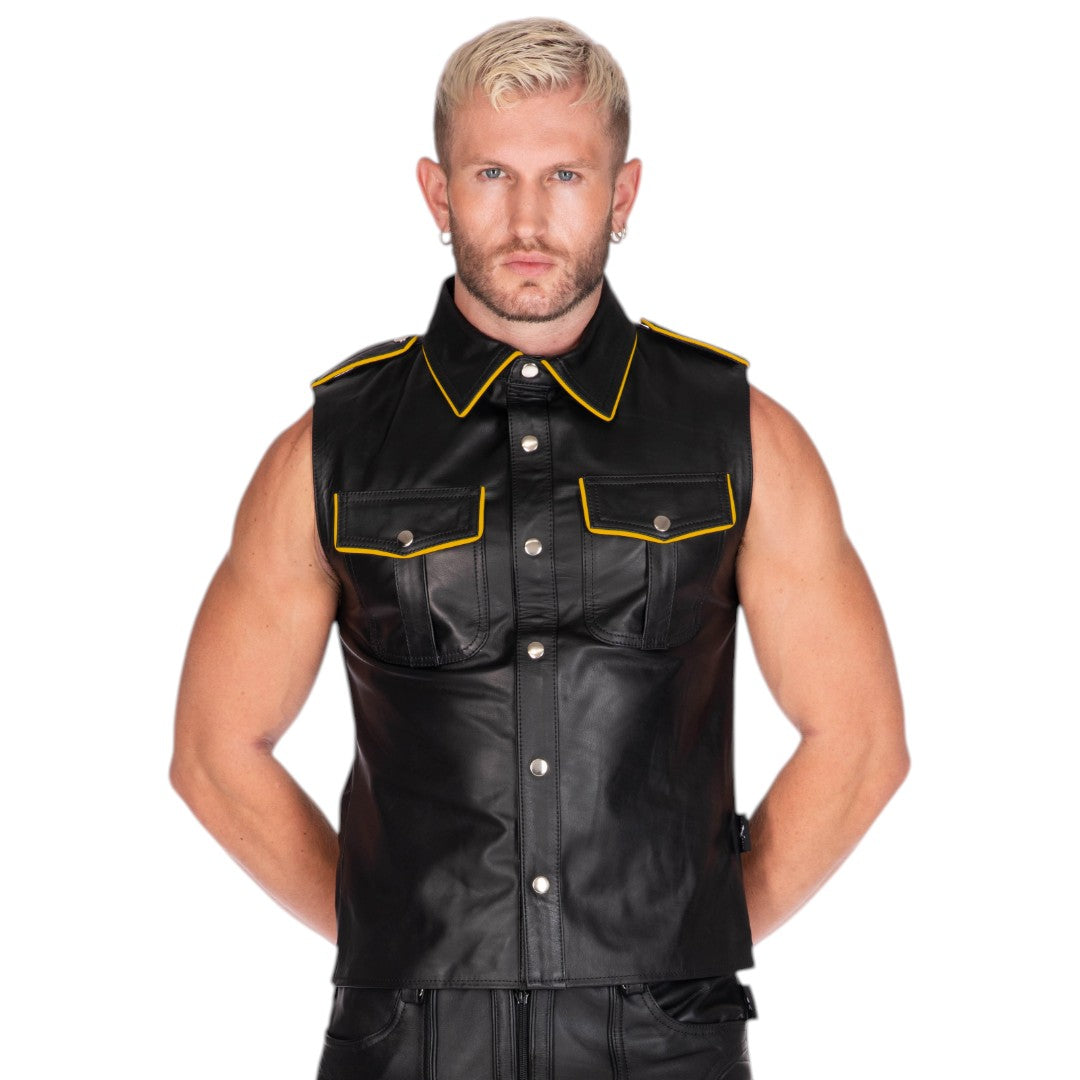 Sleeveless Leather Military Shirt Black/Yellow