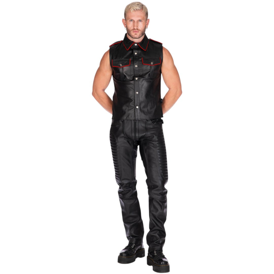 Sleeveless Leather Military Shirt Black/Red