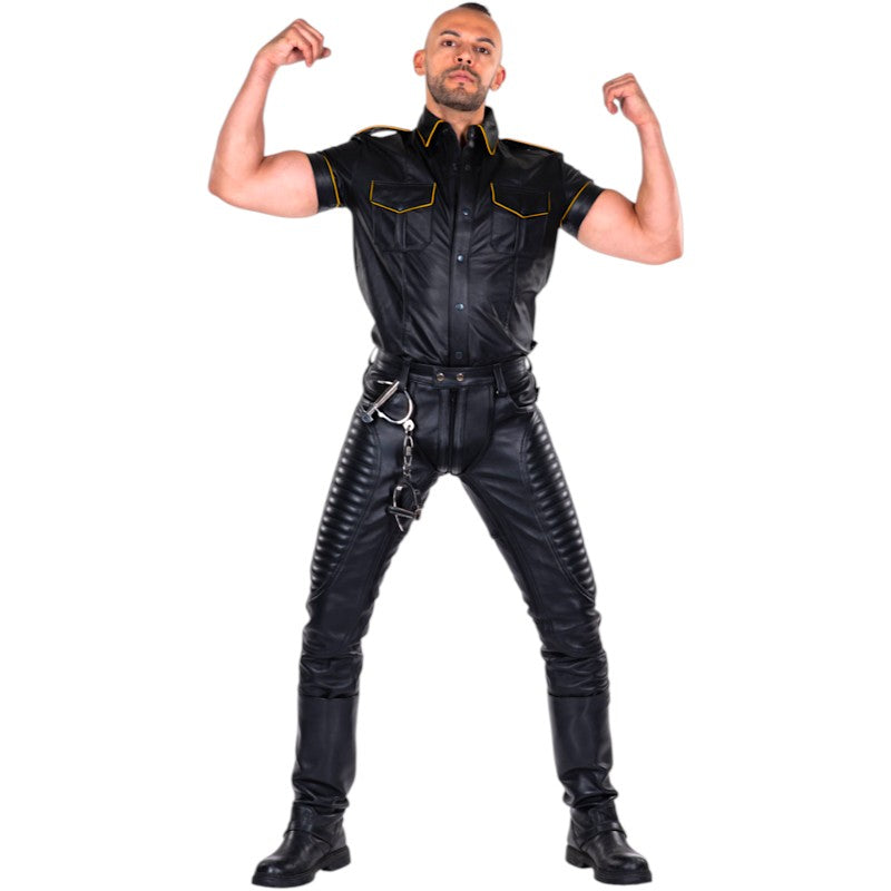 Short Sleeved Leather Military Shirt Black/Yellow