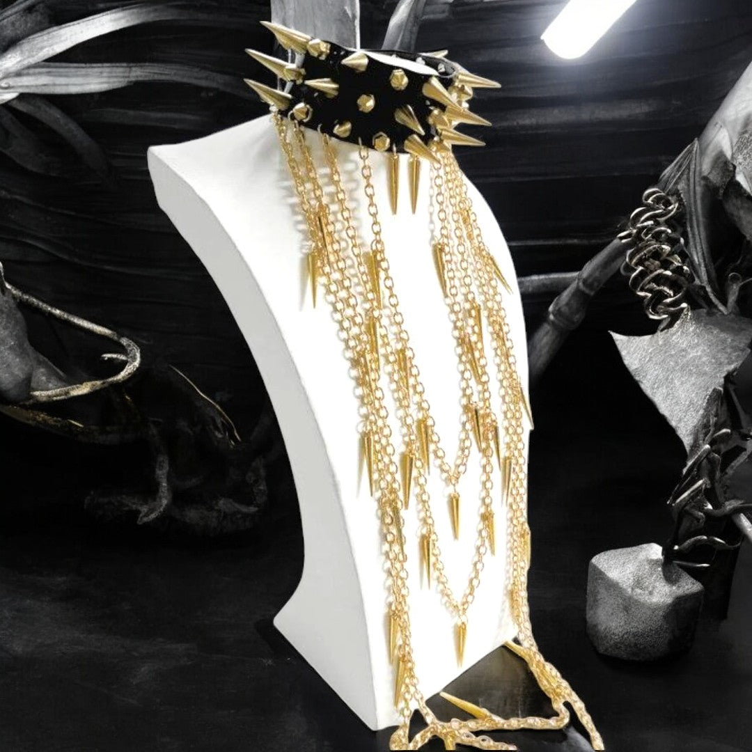 Choker-Triple Spike Choker With Gold Chains