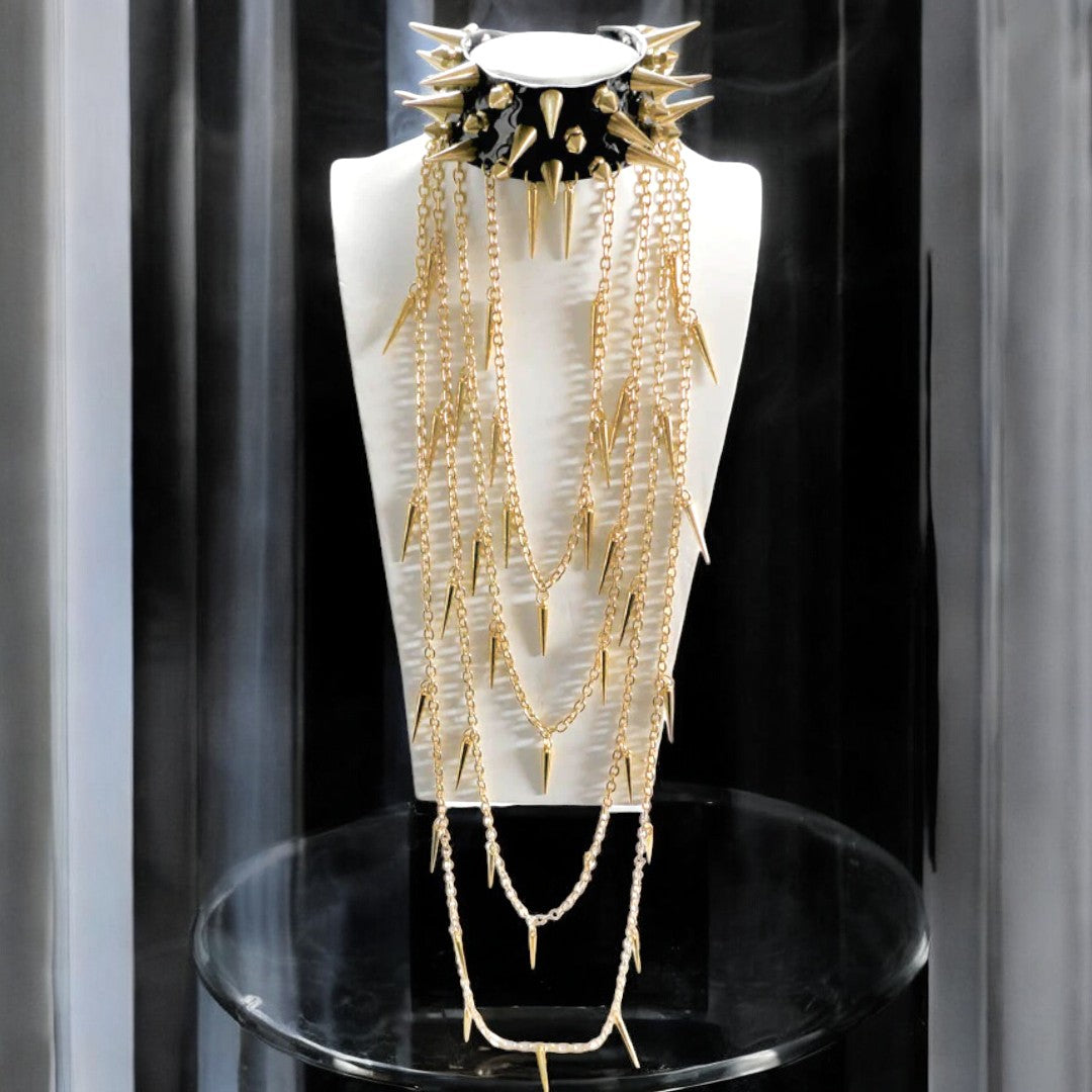 Choker-Triple Spike Choker With Gold Chains