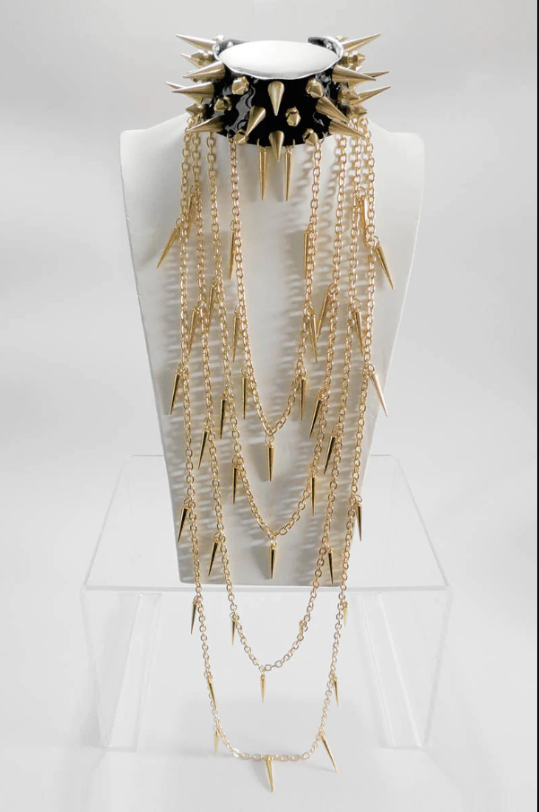 Choker-Triple Spike Choker With Gold Chains