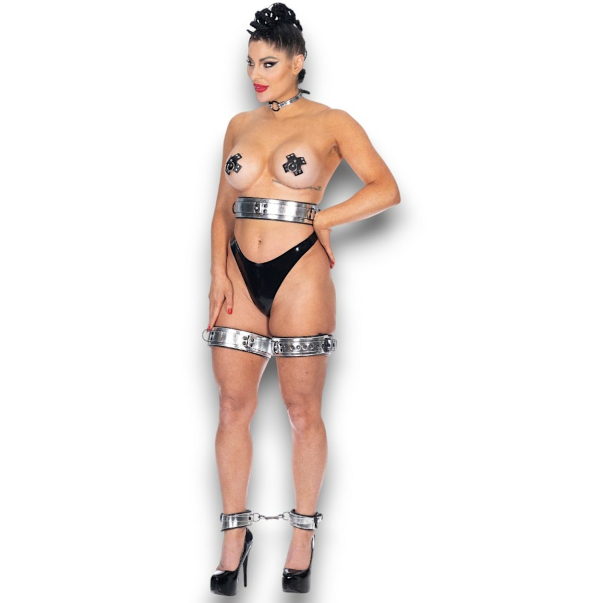 Metallic Wide Strap Thigh Cuff Padded & Leather Lined Silver/Black Width