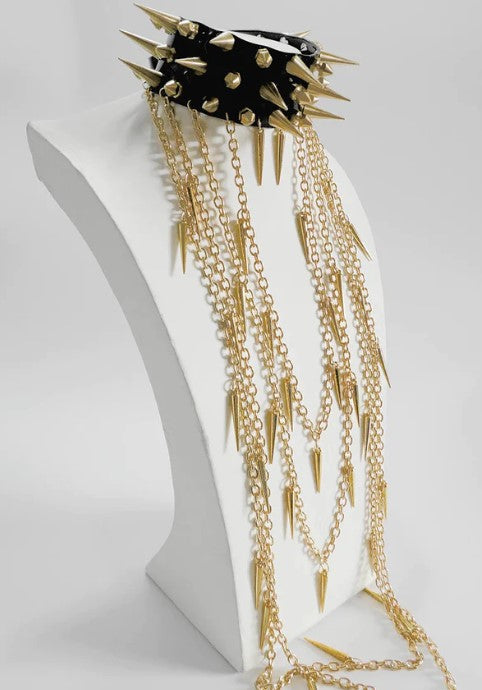 Choker-Triple Spike Choker With Gold Chains