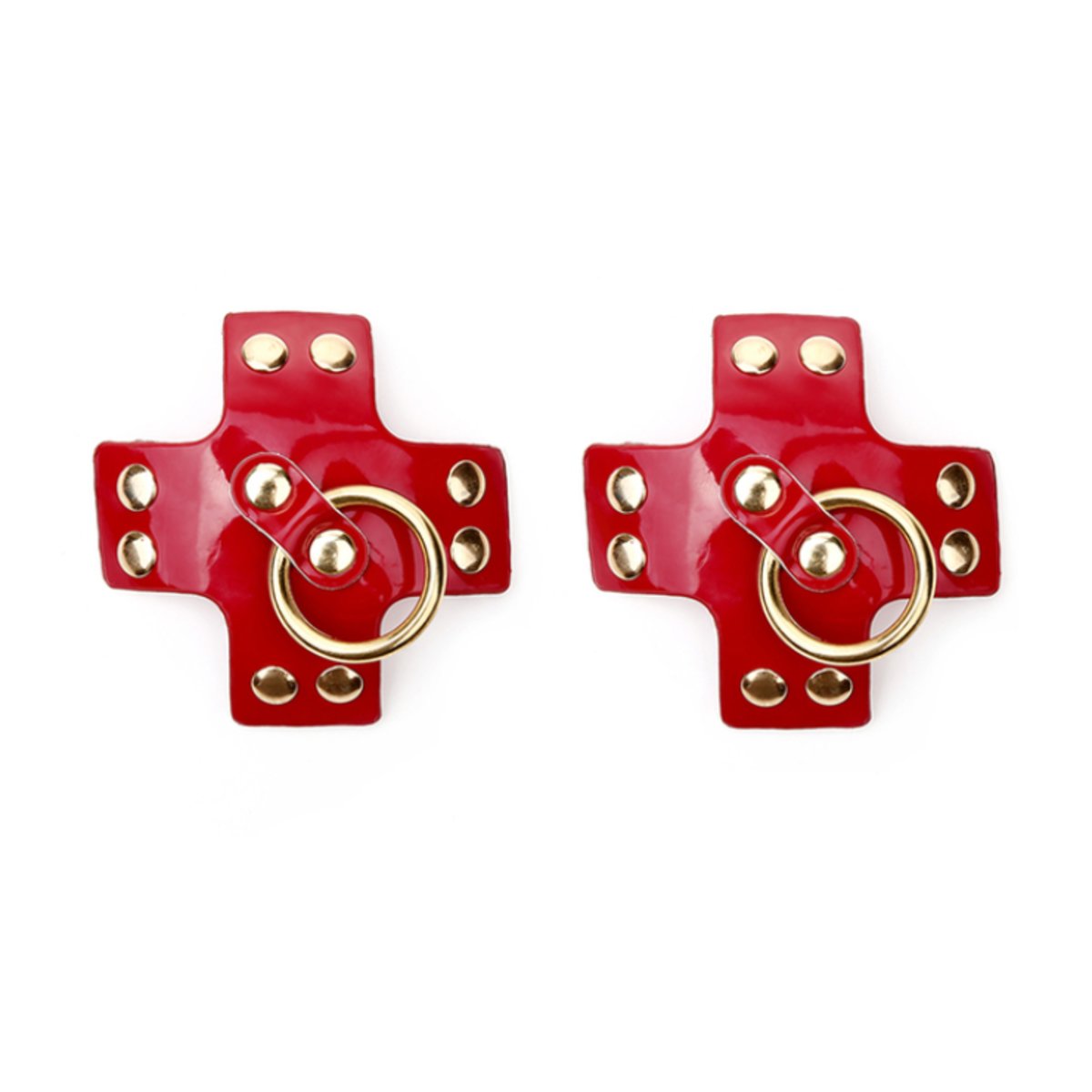 Cross Nipple Pasties With Gold O-Ring Red Shiny