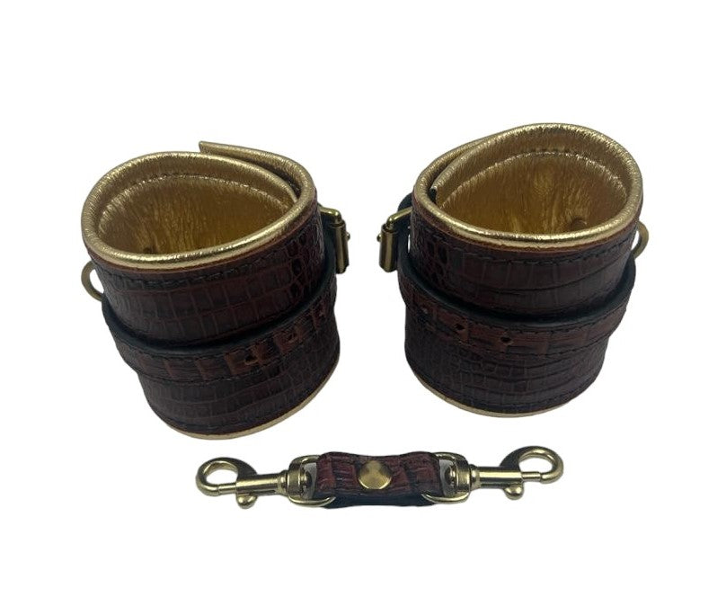 Wrist Cuffs In Brown Croc and Gold