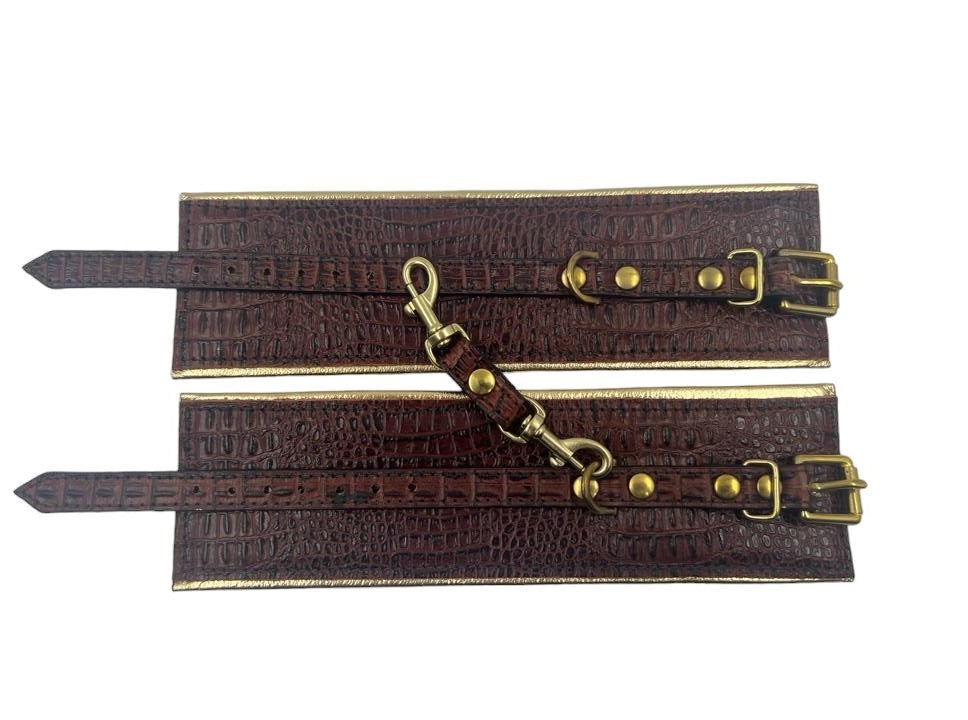 Wrist Cuffs In Brown Croc and Gold