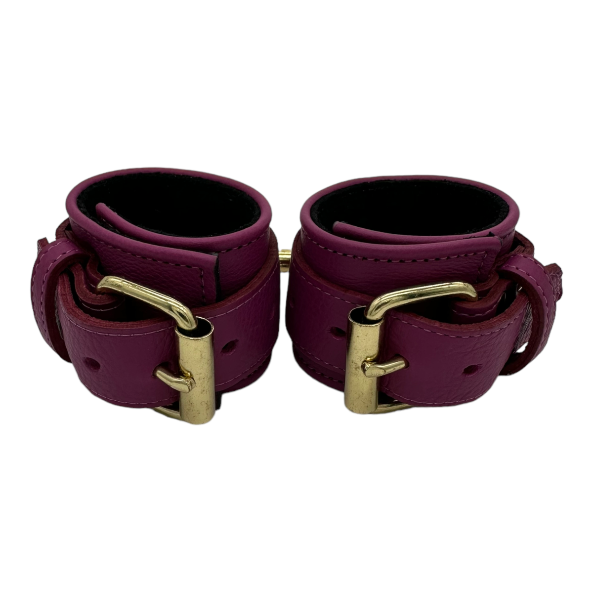 Wrist Cuffs in Dark Pink and Black Leather with Gold Hardware One Size