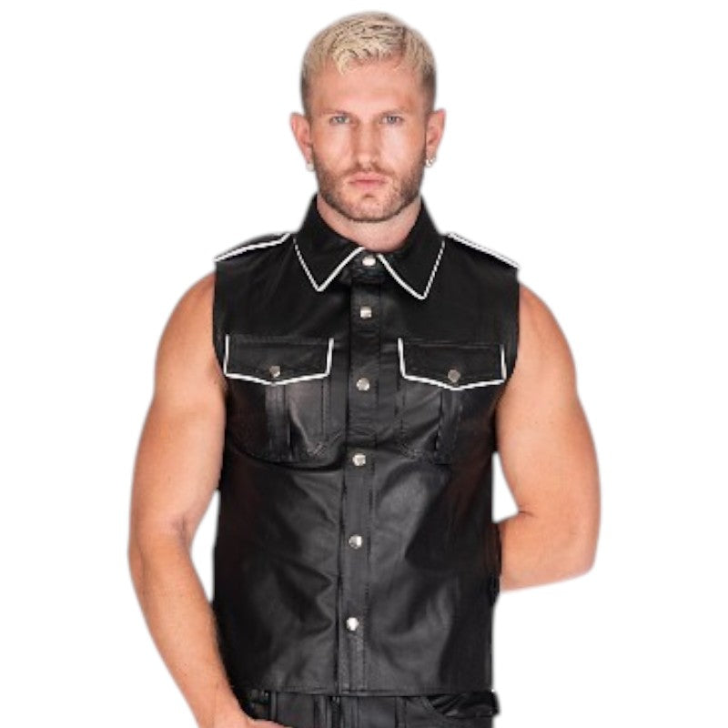 Liberation-X Sleeveless Leather Military Shirt Black/White