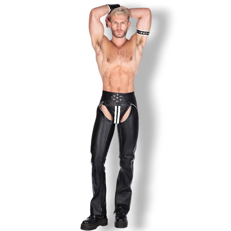 Liberation-X Full Length Leather Chaps Black With White Piping
