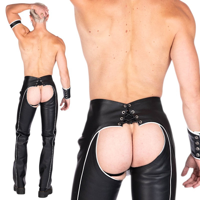 Liberation-X Full Length Leather Chaps Black With White Piping
