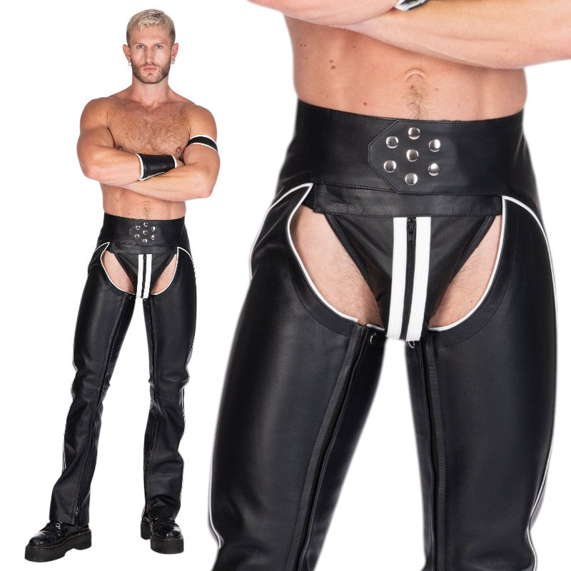 Liberation-X Full Length Leather Chaps Black With White Piping