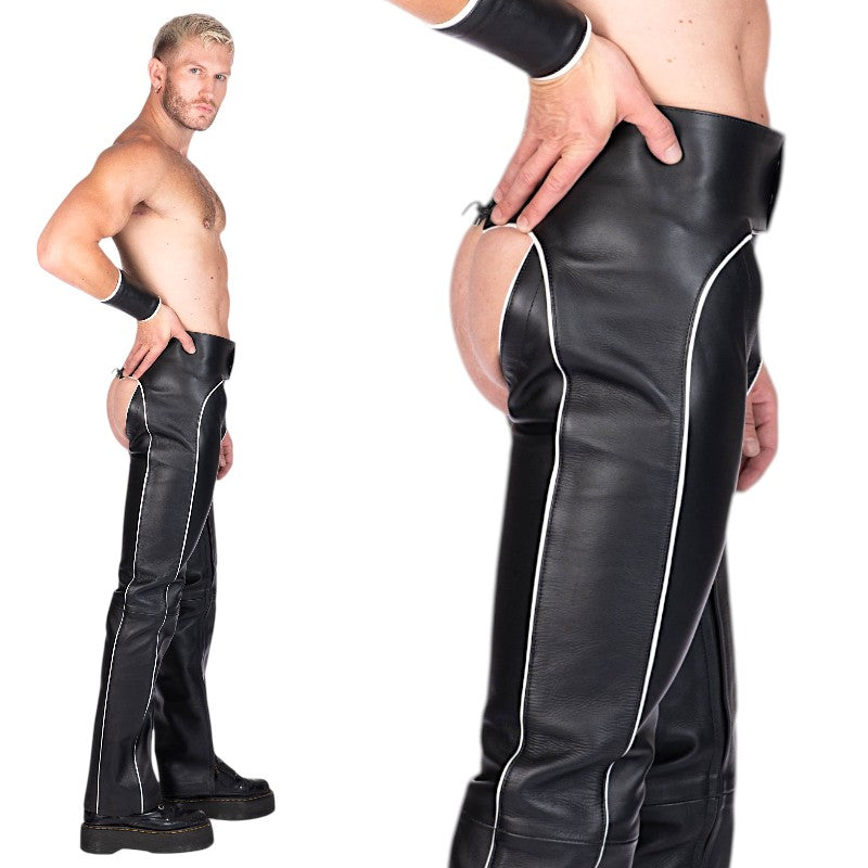 Liberation-X Full Length Leather Chaps Black With White Piping