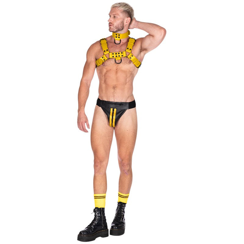 Double Stripe Leather Jock-Black/Yellow-30W