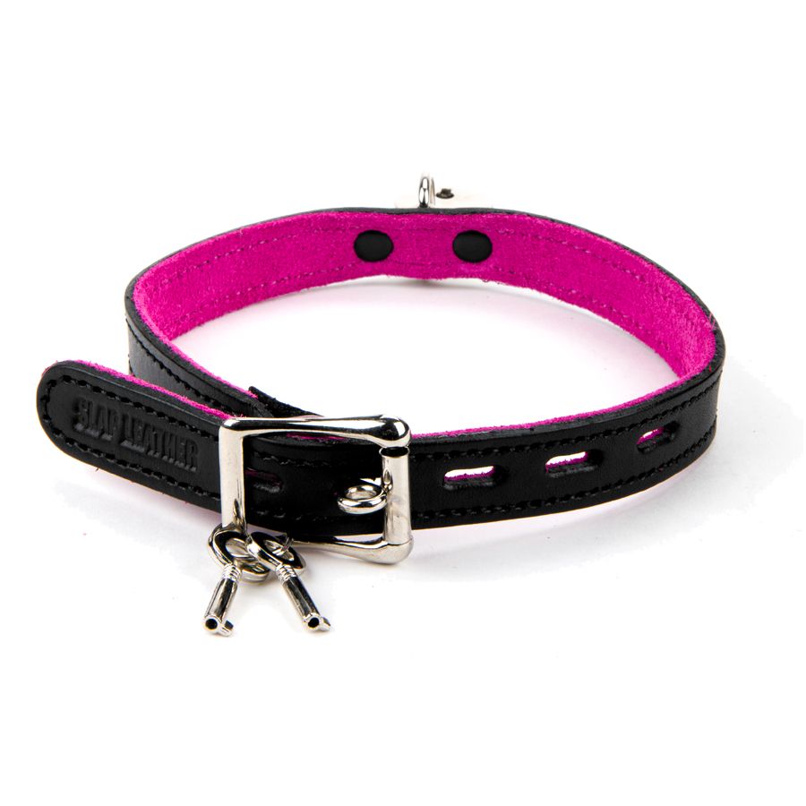 17mm Collar  with Padlock- Suede Lined BLK/PNK