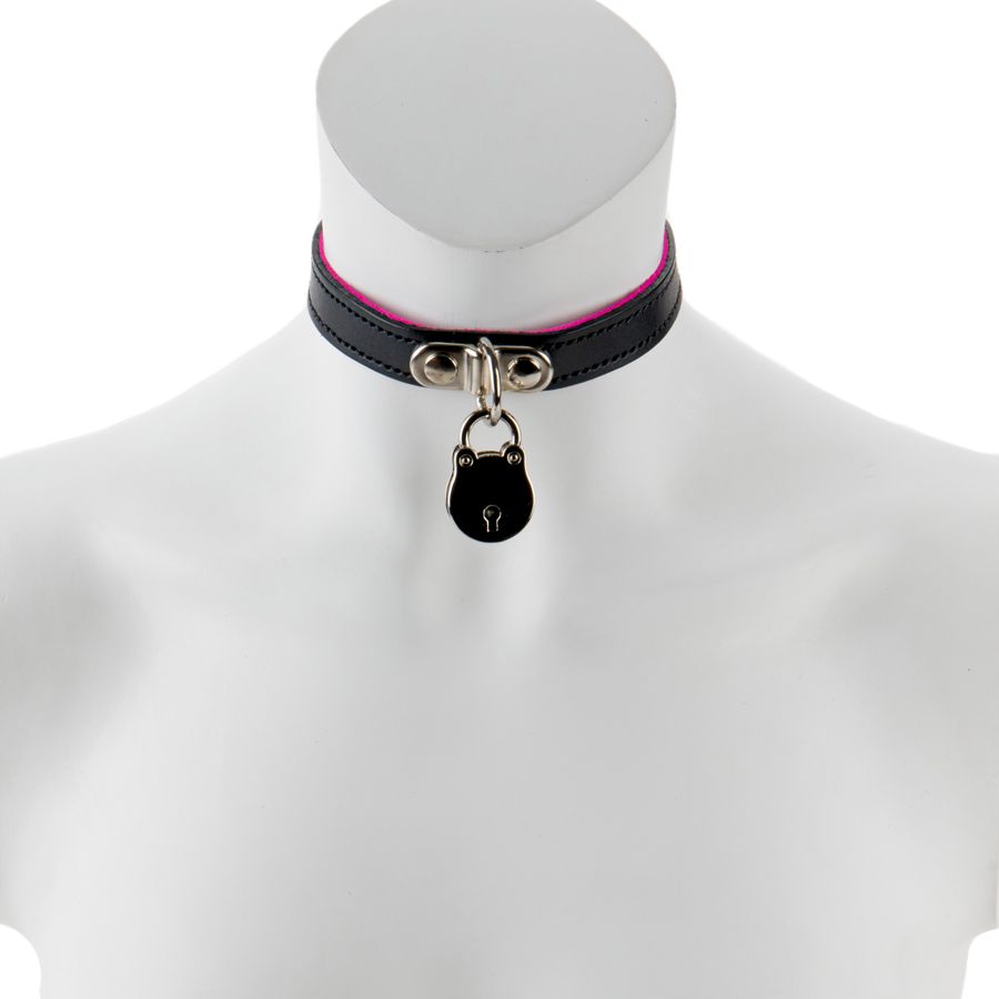 17mm Collar  with Padlock- Suede Lined BLK/PNK