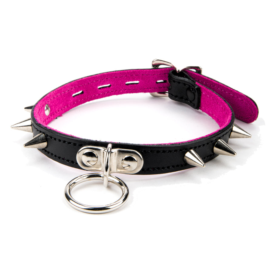 17mm Sml Collar w Spikes & Ring Suede Lined BLK PNK