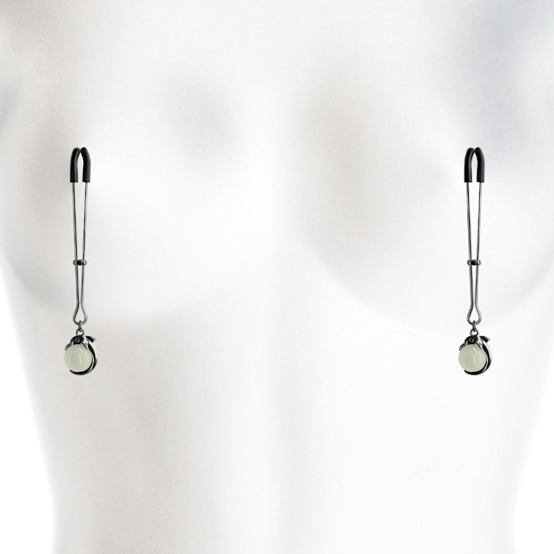 Bound Glow-In-The-Dark Ball  Charm Nipple Clamps  Silver