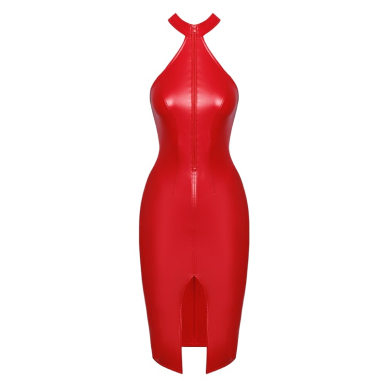 Orgia Red Wetlook High Neck Pencil Dress by Noir