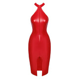 Orgia Red Wetlook High Neck Pencil Dress by Noir
