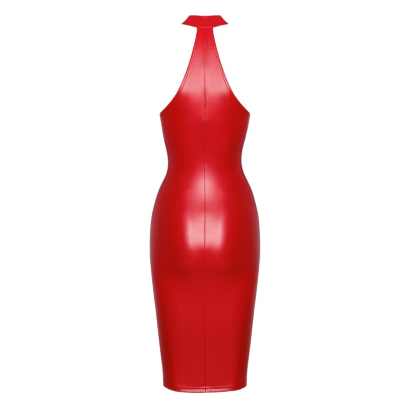 Orgia Red Wetlook High Neck Pencil Dress by Noir