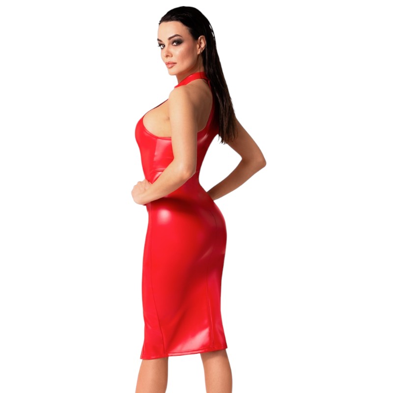 Orgia Red Wetlook High Neck Pencil Dress by Noir