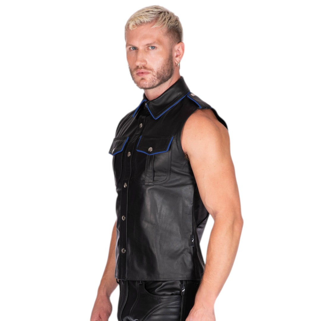 Sleeveless Leather Military Shirt Black/Blue