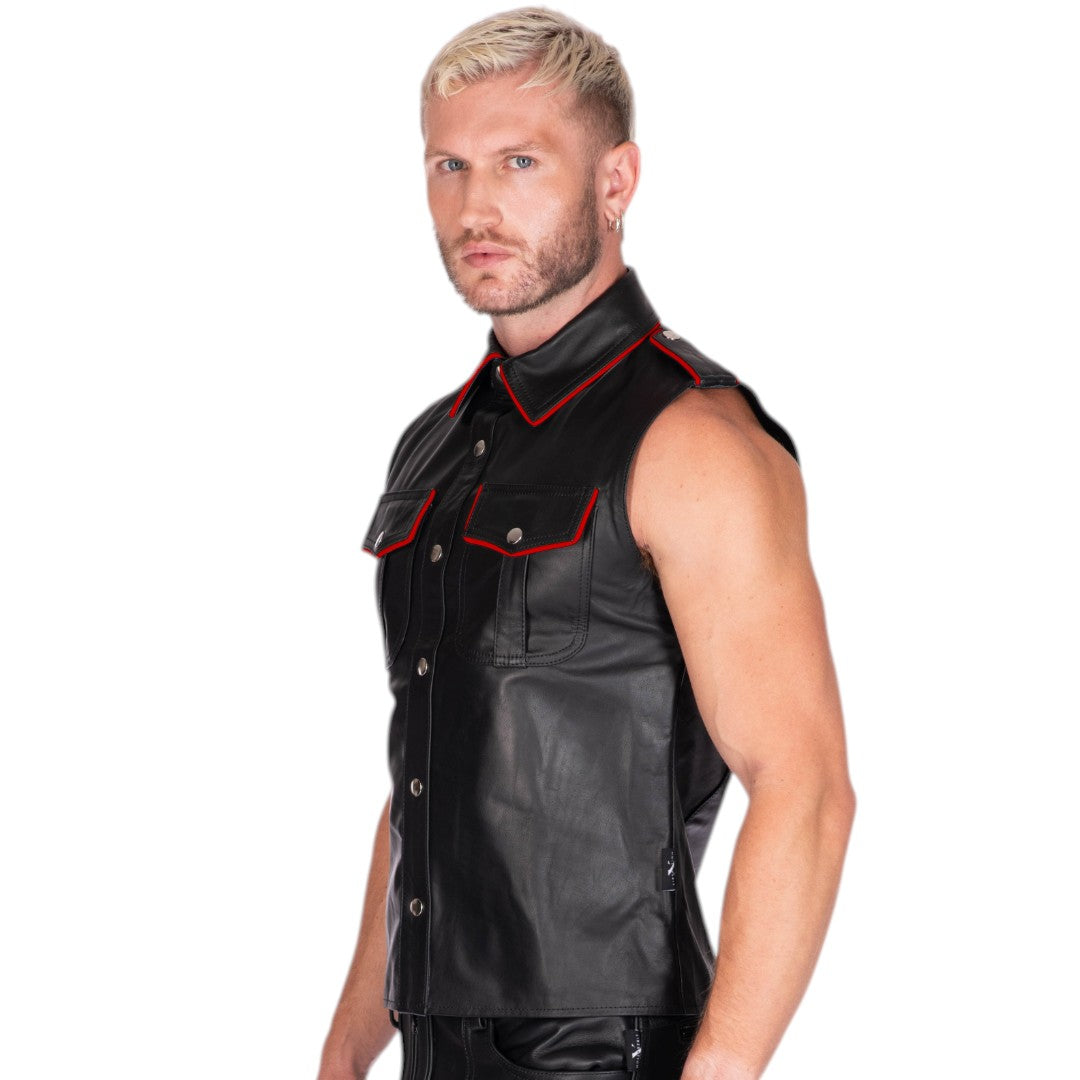 Sleeveless Leather Military Shirt Black/Red