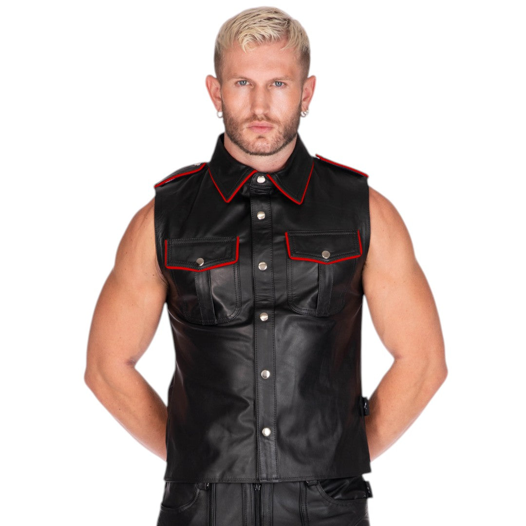Sleeveless Leather Military Shirt Black/Red