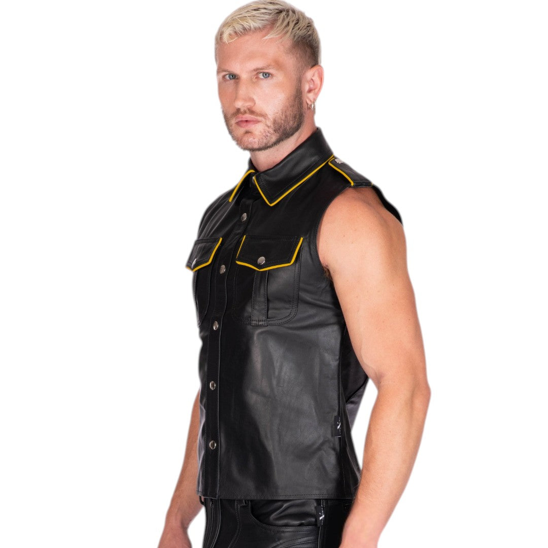 Sleeveless Leather Military Shirt Black/Yellow