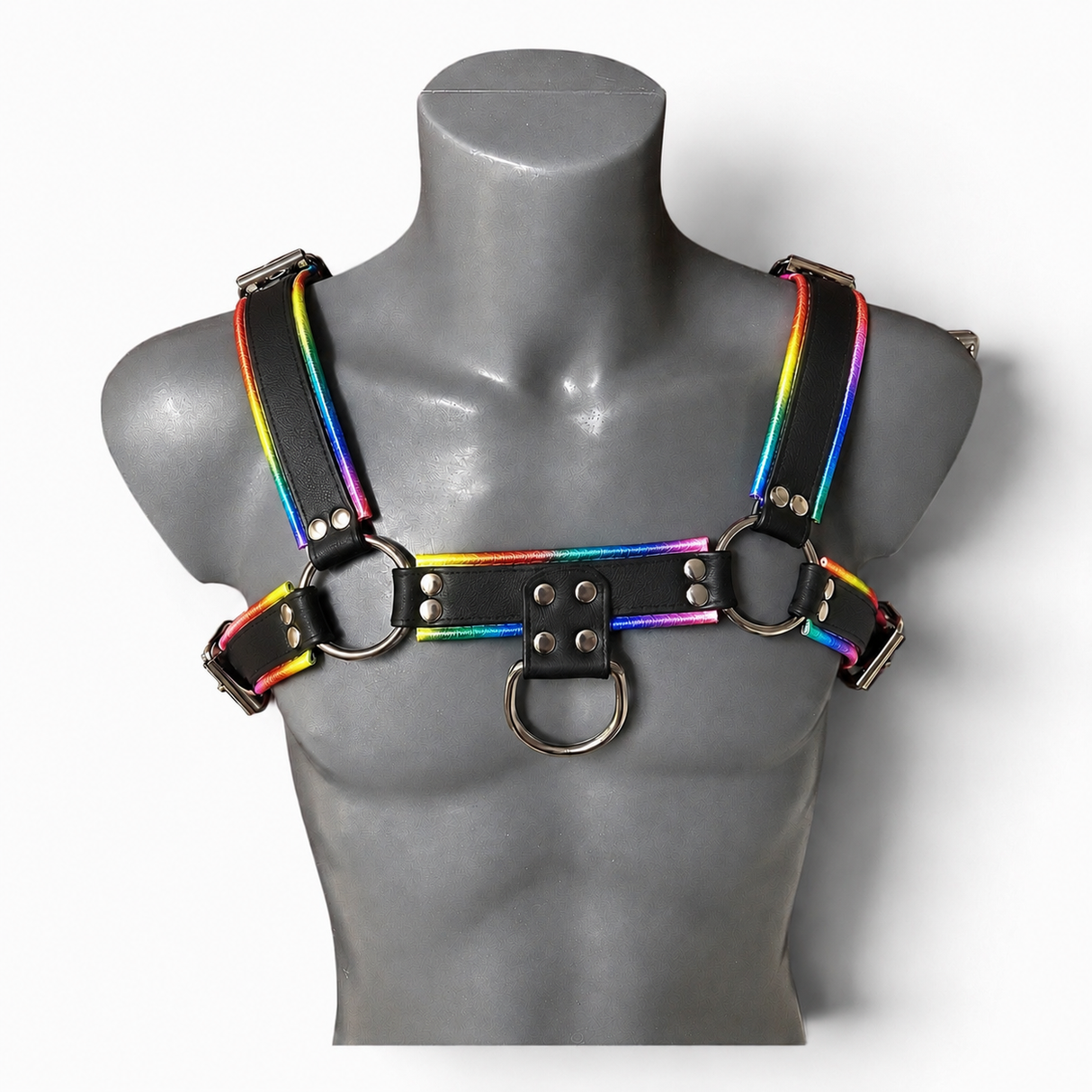 Leather Bull Dog Harness Black/Rainbow - Made to Order