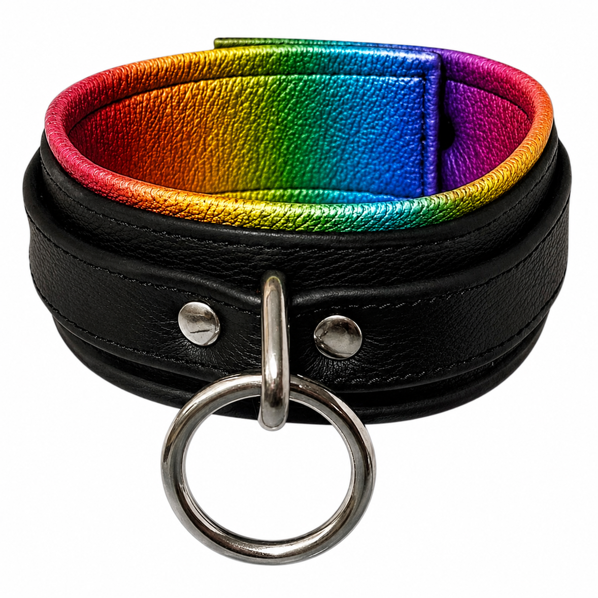 Leather O Ring Collar  Black/Rainbow-M2O