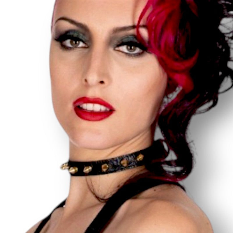 Croc Embossed Leather Narrow Collar With Spikes 17mm