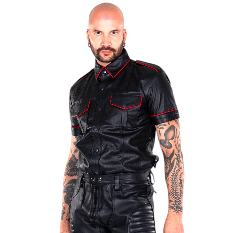 Short Sleeved Leather Military Shirt Black/Red