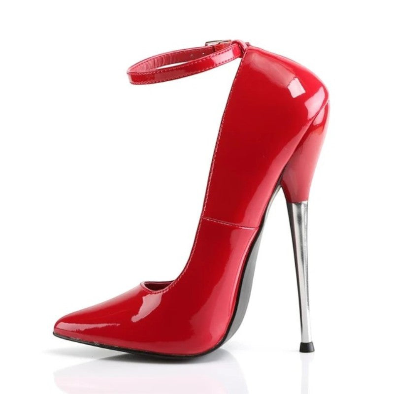 Pleaser Dagger-12 Court Shoes Solid Brass Heel Ankle Strap Red