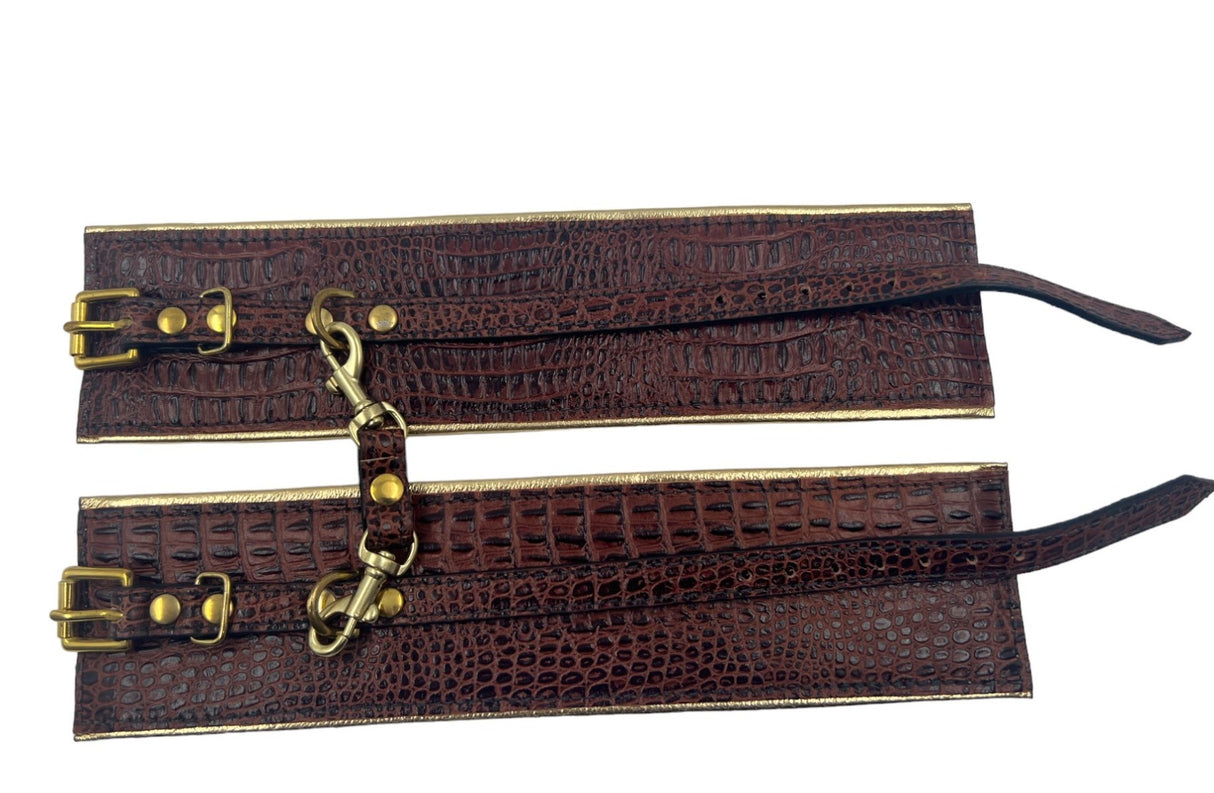 Ankle Cuffs in Brown Croc and Gold Leather